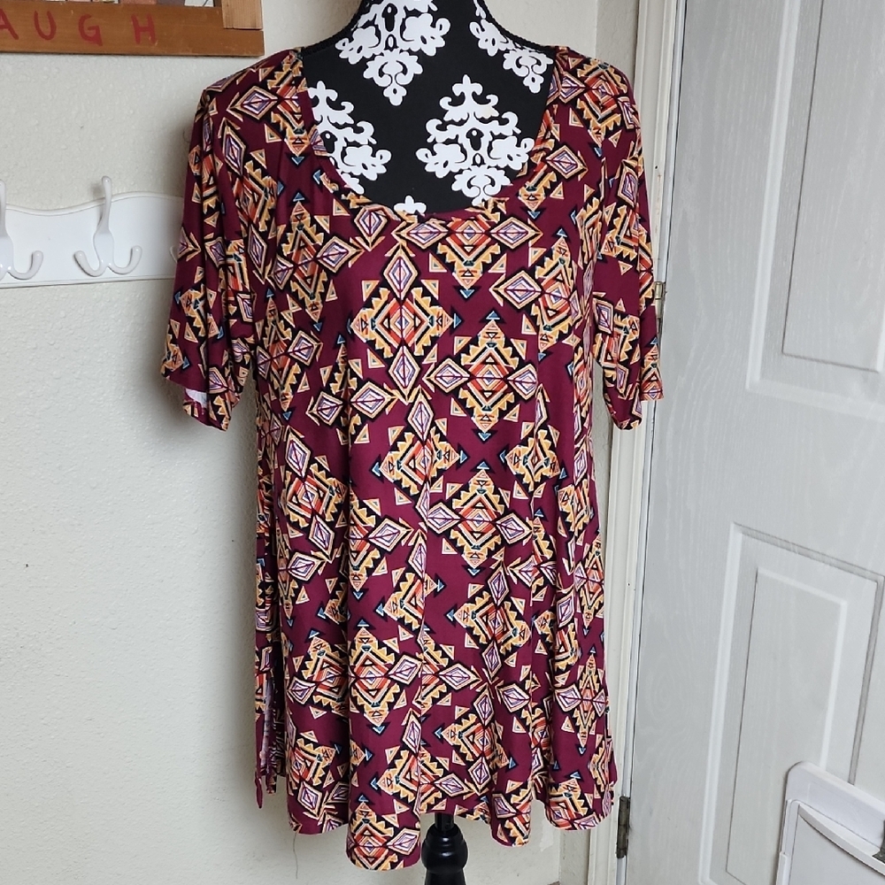 LuLaRoe Burgundy and Yellow Geometric Blouse Size Large